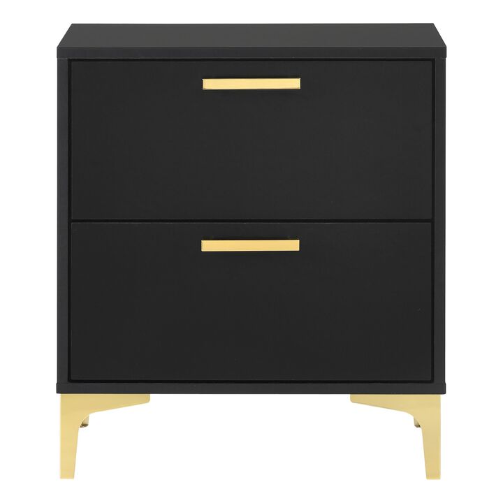 Lif 25 Inch Modern 2 Drawer Nightstand, Gold Metal Accents, Jet Black  - Benzara