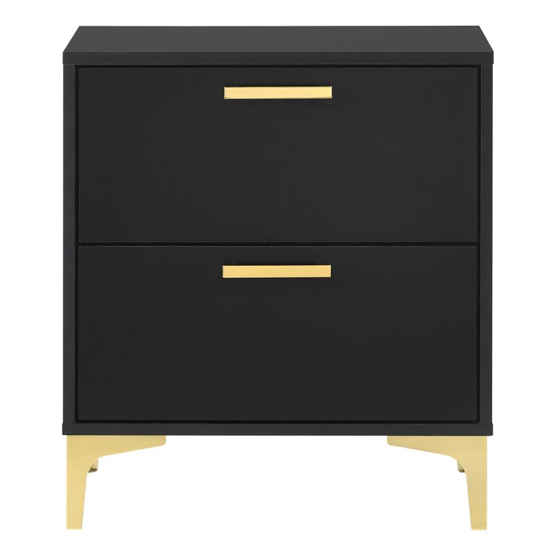 Lif 25 Inch Modern 2 Drawer Nightstand, Gold Metal Accents, Jet Black  - Benzara