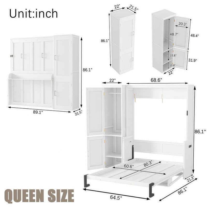 Whisen Queen Size Wood Murphy Bed with Wardrobe, Desk, Gas Struts and Charging Station image number 9