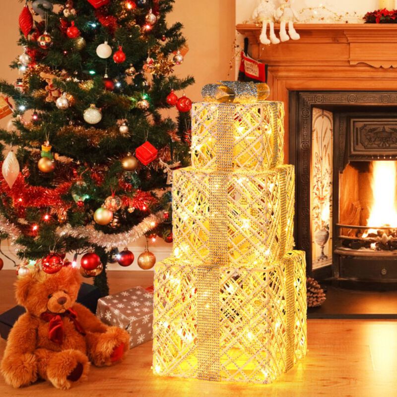 3 Pack Christmas Lighted Gift Box with 50 LED Lights and Detachable Bows image number 2