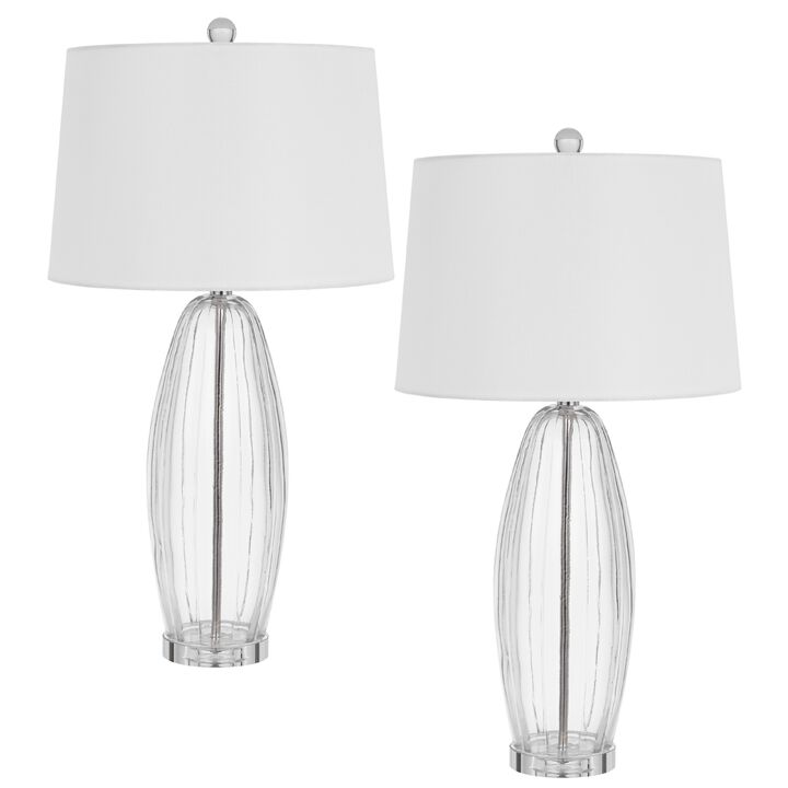 Table Lamp Set of 2, Bullet Shaped Clear Glass, Off White Drum Shade