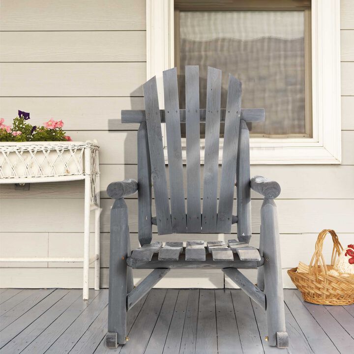 Wooden Adirondack Rocking Chair, Outdoor Rustic Log Rocker with Slatted Design for Patio, Dark Grey