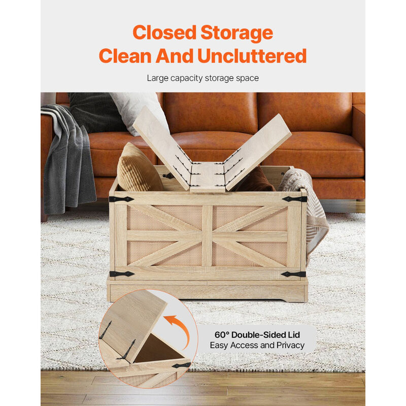 Modern Rattan Coffee Table with Retro Metal Hinges and Storage Shelf, Rectangle Shape