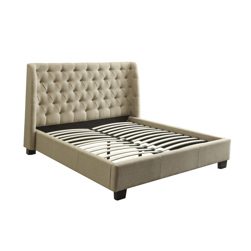 Pax California King Size Bed, Beige Linen, Curved Button Tufted Headboard
