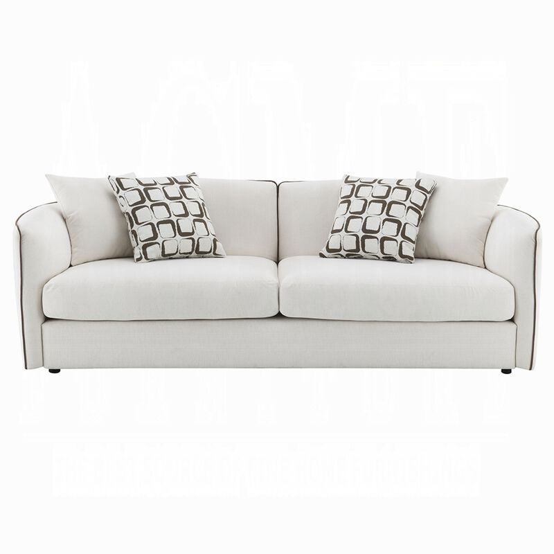 Yoda Sofa with 4 Throw Pillows, Foam Beige Chenille, Brown Trim 91 Inch image number 2