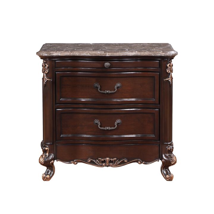 Leon 32 Inch 2 Drawer Nightstand, Carved Details, Marble Surface, Brown - Benzara