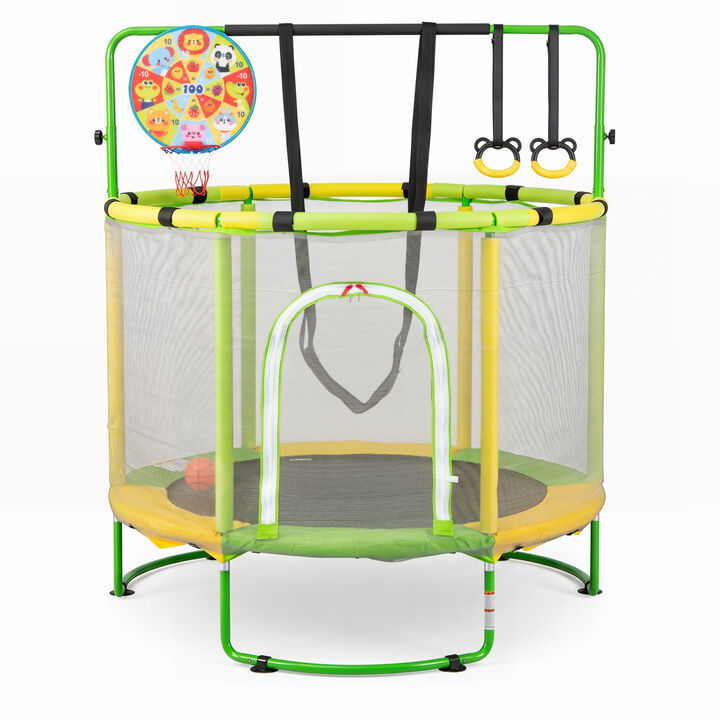 Kids Trampoline with Gymnastics Bar Adjustable Height and Basketball Hoop Ages 3 Plus