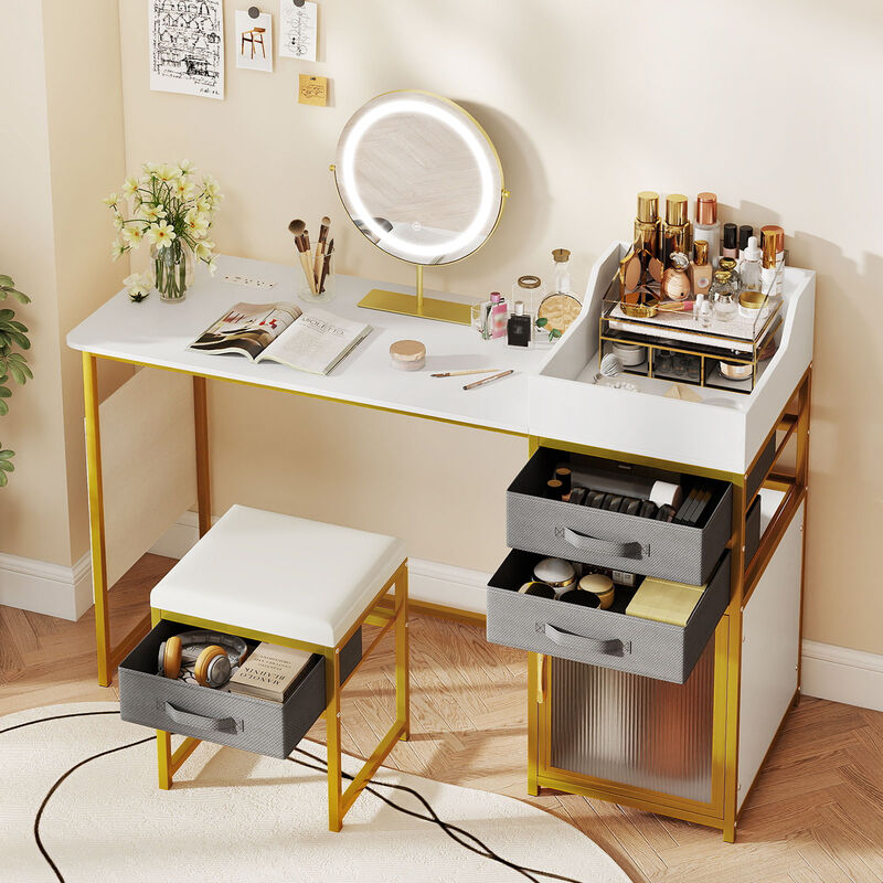 Rotatable Lighted Mirror Vanity Desk, Makeup Dressing Table-White image number 6