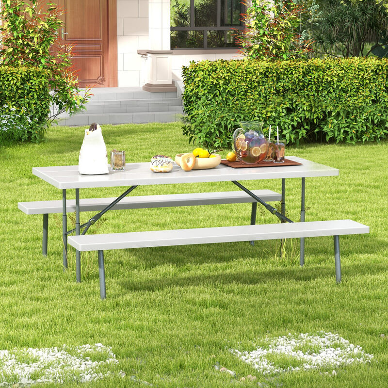 Folding Picnic Table Set with Metal Frame, All-Weather HDPE Tabletop, and Umbrella Hole