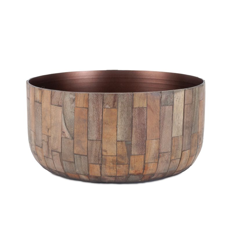 Set of 2 Round Wooden Bowl Planters for Indoor or Outdoor Plant Display.