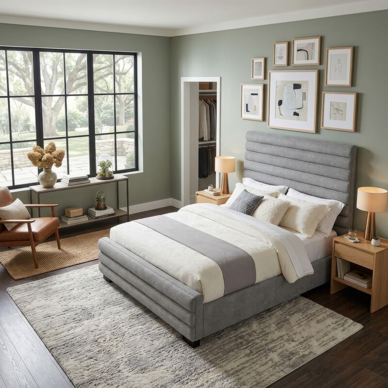 Ricia Queen Bed Frame, Black Block Feet, Gray Channel Tufted Boucle image number 8