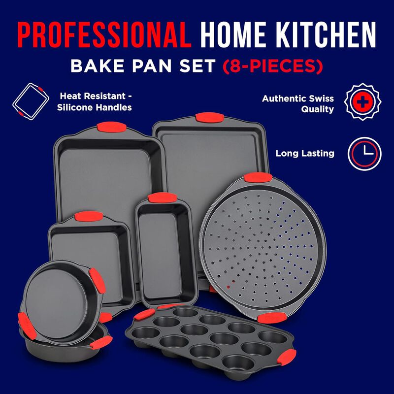 BAKKENMASTER Baking Set – 8 Piece Kitchen Oven Bakeware Set – Deluxe Non-Stick Black Coating Inside and Outside – Carbon Steel – Red Silicone Handles – PFOA PFOS and PTFE Free by Bakken
