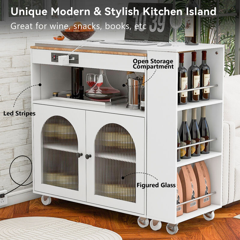 Rolling Kitchen Island With Extended Table, Kitchen island on Wheels with LED Lights,Power Outlets and 2 Fluted Glass Doors, Kitchen Island with a Storage Compartment and Side 3 Open Shelves