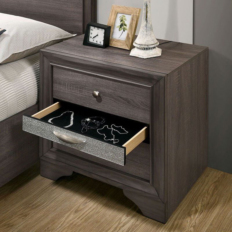 Streamdale Contemporary Silver Nightstand with Hidden Jewelry Drawer