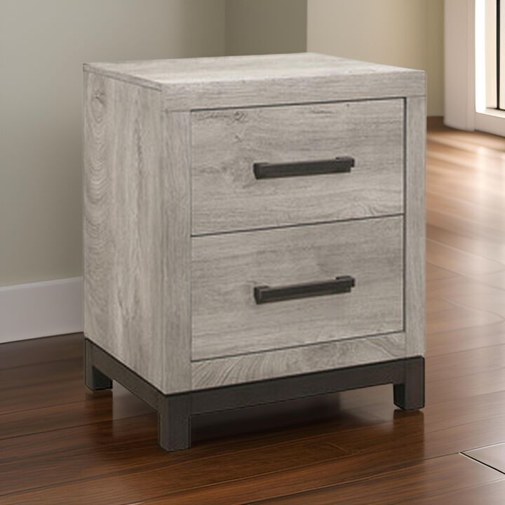 Deena 25 Inch Classic 2 Drawer Nightstand, Metal Handles, Wood Grain Gray