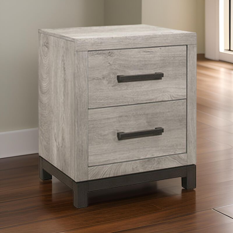 Deena 25 Inch Classic 2 Drawer Nightstand, Metal Handles, Wood Grain Gray - Benzara