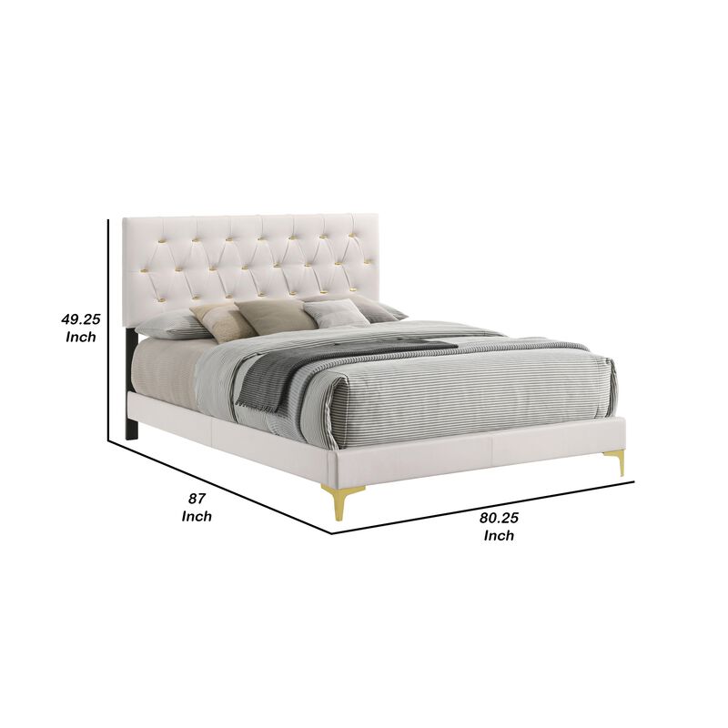 Lif Platform King Size Bed, Panel Tufted Headboard, Gold Legs, White Velvet-Benzara