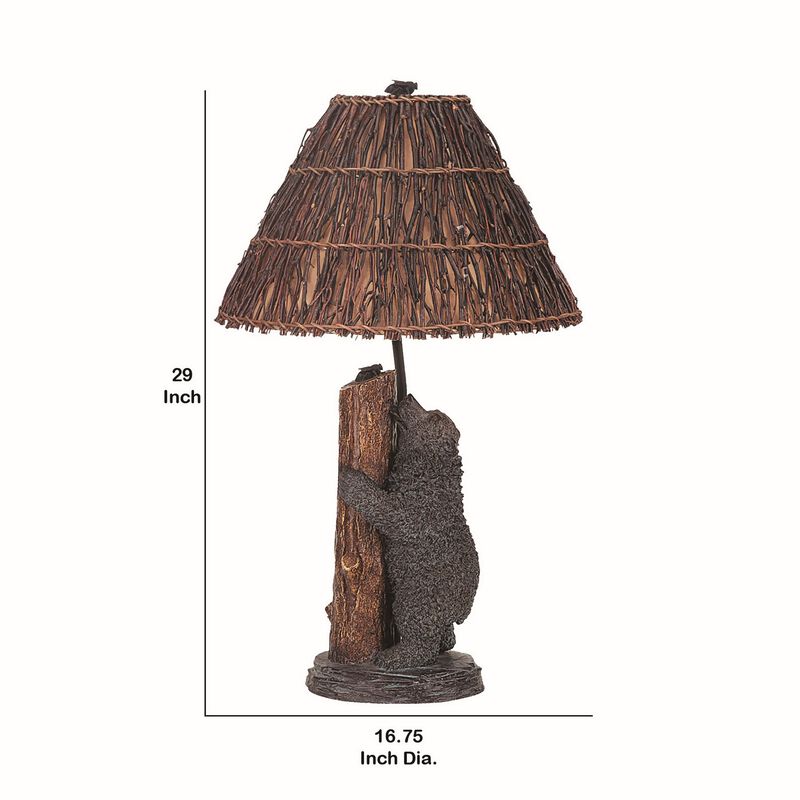 150 Watt Resin Bear Body Table Lamp with Twig Shade, Gray and Brown-Benzara