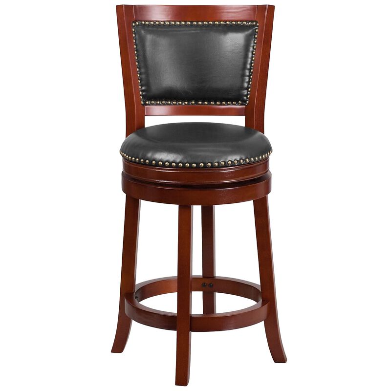 Flash Furniture Ebert 26'' High Dark Cherry Wood Counter Height Stool with Open Panel Back and Walnut LeatherSoft Swivel Seat
