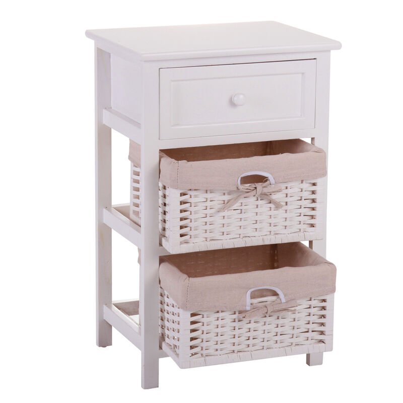 One Drawer Nightstand with Two Removable Baskets, Storage Bedside Table, Modern End Table with Tall Legs, Indoors, White image number 1