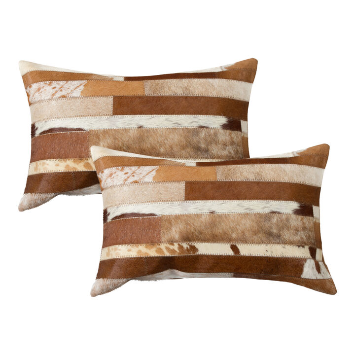 HomeRoots Set of Two 12" X 20" Brown and White Patchwork Cowhide Lumbar Throw Pillows