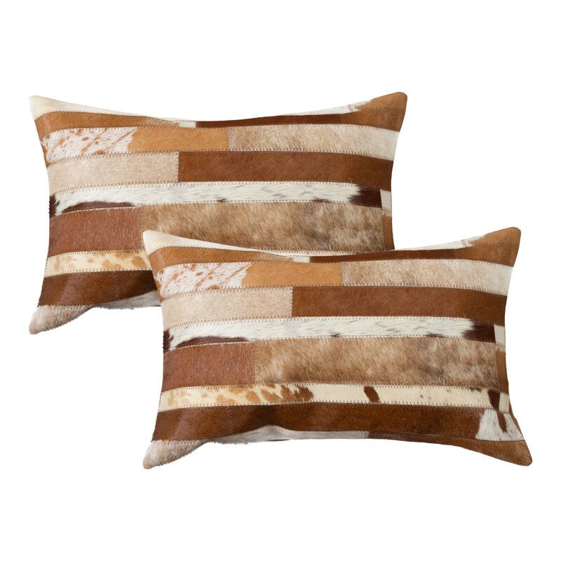 HomeRoots Set of Two 12" X 20" Brown and White Patchwork Cowhide Lumbar Throw Pillows image number 0