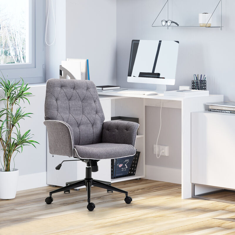 HOMCOM Linen Home Office Chair, Tufted Height Adjustable Computer Desk Chair with Swivel Wheels and Padded Armrests, Dark Gray