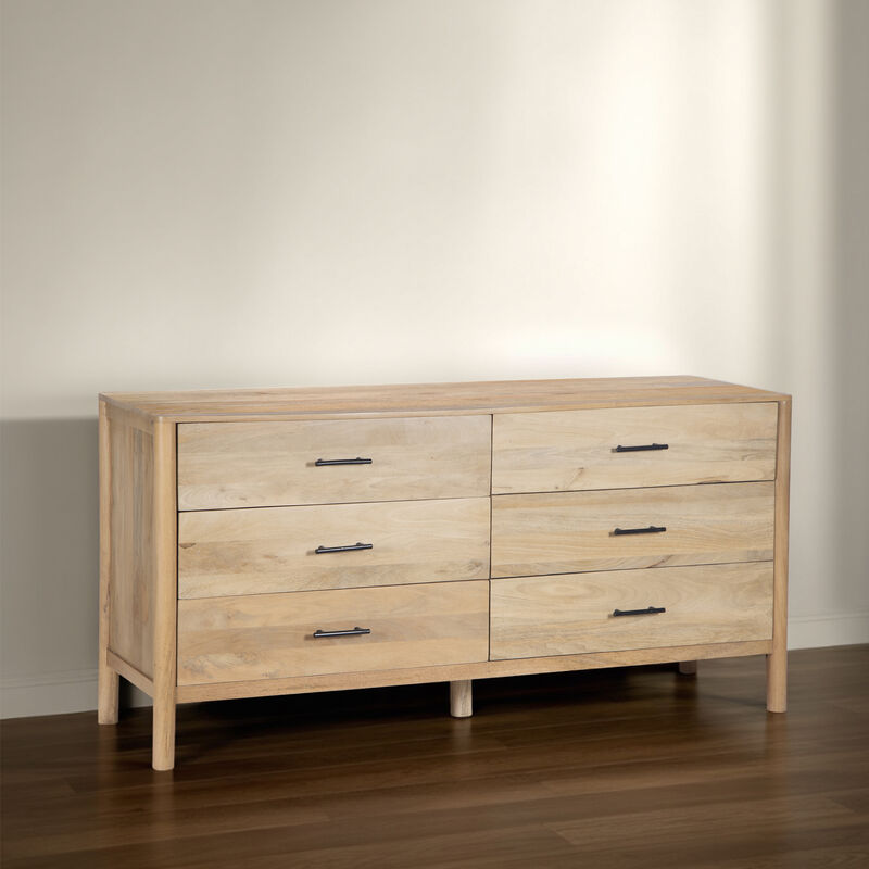 Geti 6 Drawers, 66 Inch Wide Dresser, Handcrafted Natural Oak White Mango Wood, Black Handles