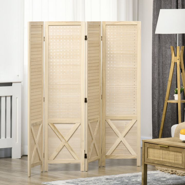 Natural Wood Folding Screen: 4 Panel, Pegboard, 4.7' Tall