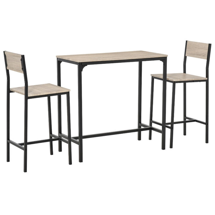 Natural Wood Bistro: 3-Piece Industrial Bar Table Set with 2 Stools