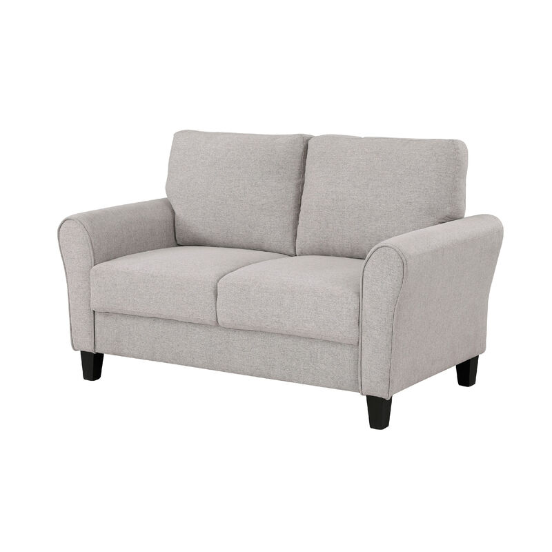 Leroi Loveseat, 58 Inch, Gray Fabric and Round Flared Armrests - Benzara