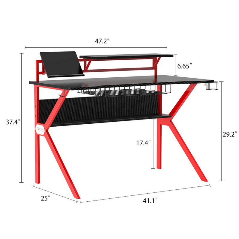 PVC Coated Ergonomic Metal Frame Gaming Desk, Black and Red-Benzara