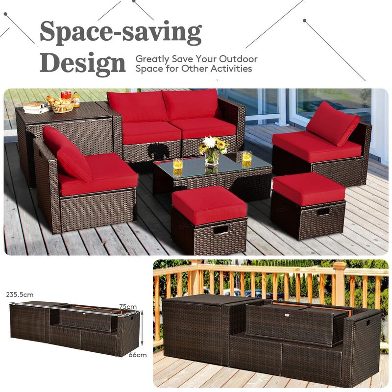 Mondawe 8 Pieces Patio Space-Saving Rattan Furniture Set with Storage Box and Waterproof Cover