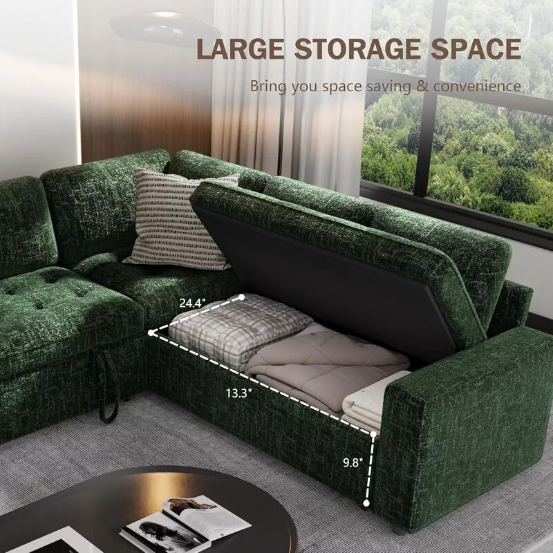 Vipbear 79" 5-Seat L-Shaped Sectional Sleeper Sofa Bed, Chenille Pull-Out Couch with Backrest image number 3