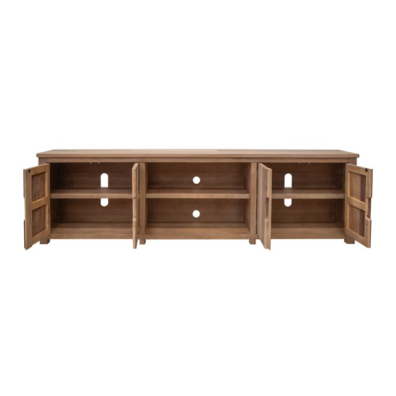 Umey 93 Inch TV Entertainment Console, 3 Shelves, 4 Doors, Brown Wood - Benzara
