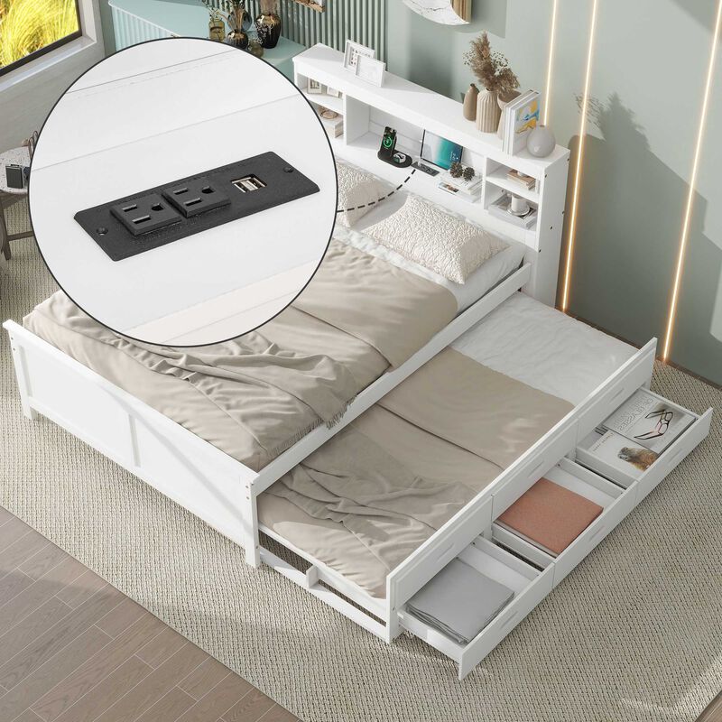 Whisen Platform Bed with Storage Headboard, USB, Twin Size Trundle and 3 Drawers image number 2