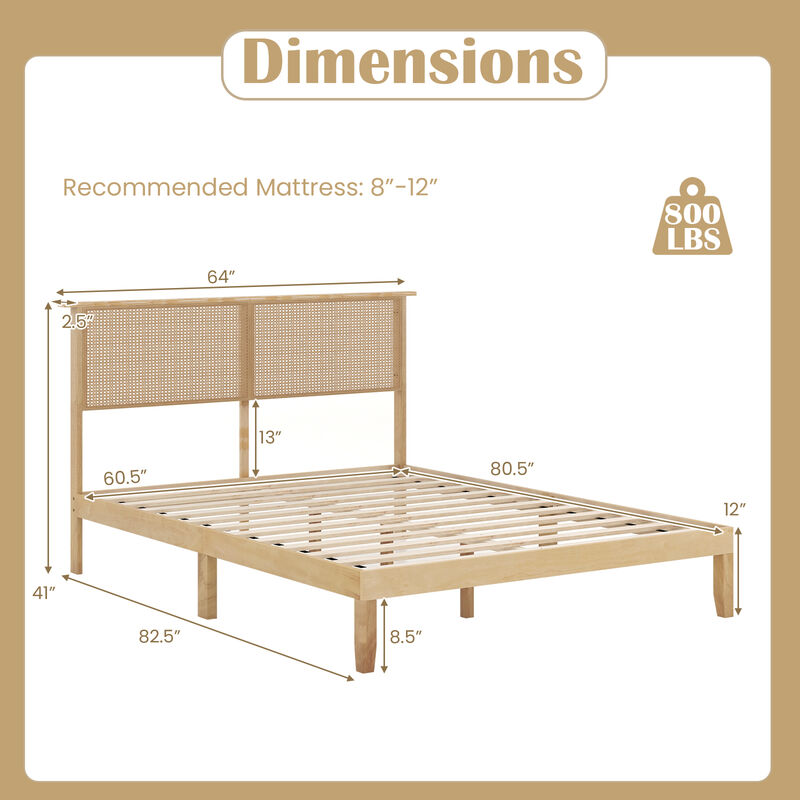 Modern Bed Frame with Rattan Headboard and Wood Slat Support-Natural image number 2