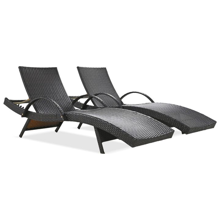 Wicker Chaise Lounge Chairs Set of 2, 80-Inch Recliners in Dark Brown with Pull-Out Table
