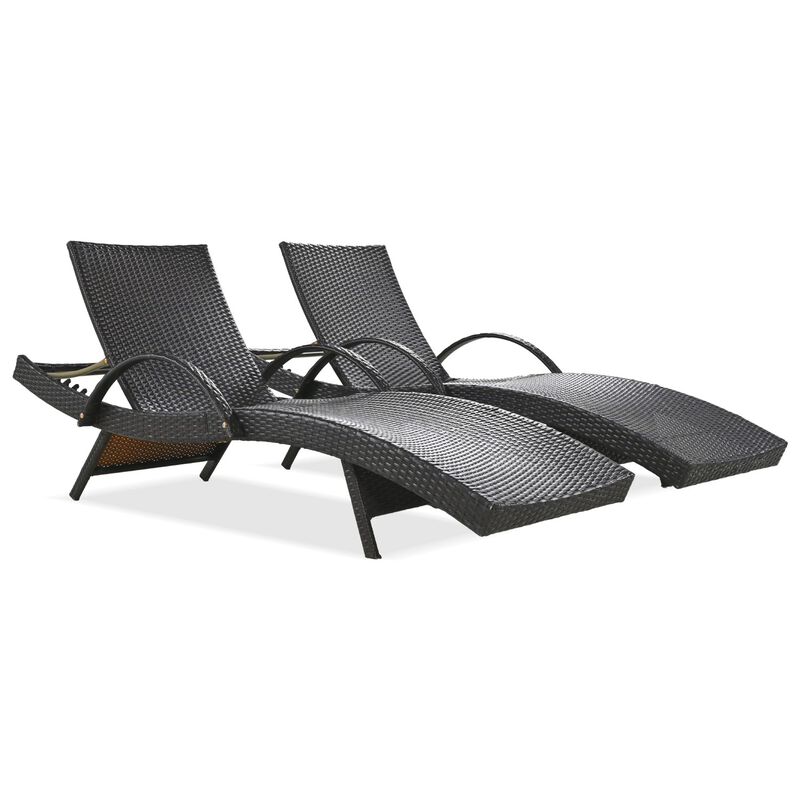 Wicker Chaise Lounge Chairs Set of 2, 80-Inch Recliners in Dark Brown with Pull-Out Table image number 0