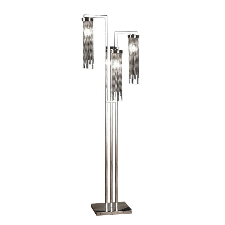 61 Inch Floor Lamp, 3 Crystal Cascade Style Shade, Chrome Finished Metal-Benzara