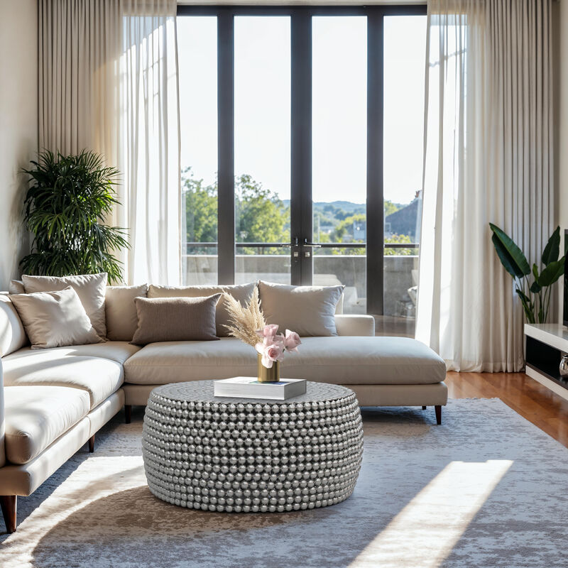 Eve 32" Coffee Table | Silver Metallic Beads Studded Pattern | Nickel Coated Iron Frame
