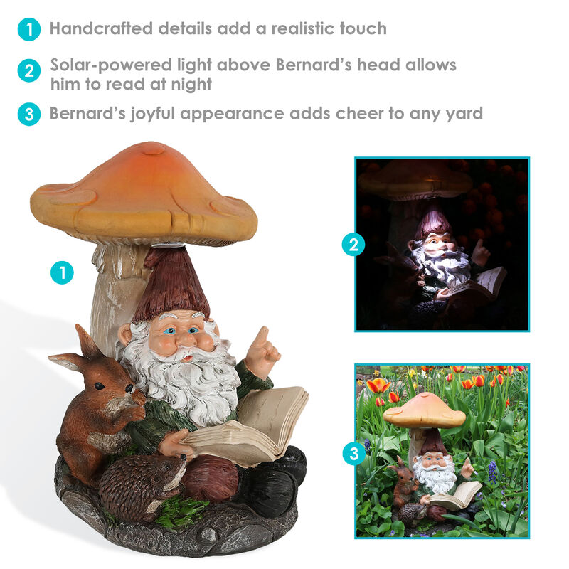 Sunnydaze Bernard the Bookworm Outdoor Solar-Powered Gnome - 16 in