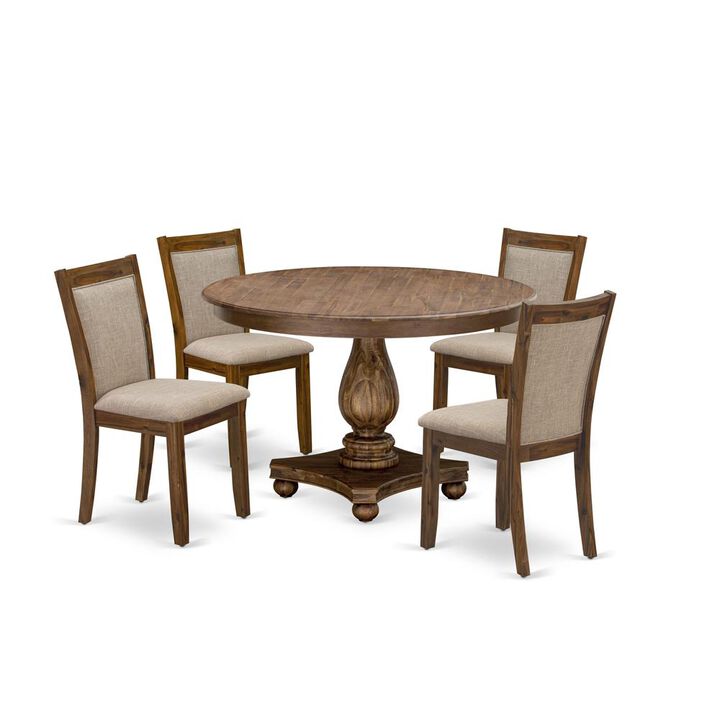 F2MZ5-N04 5-Pc Kitchen Dining Table Set - Pedestal Table and 4 Light Tan Parson Chairs with High Back - Antique Walnut Finish