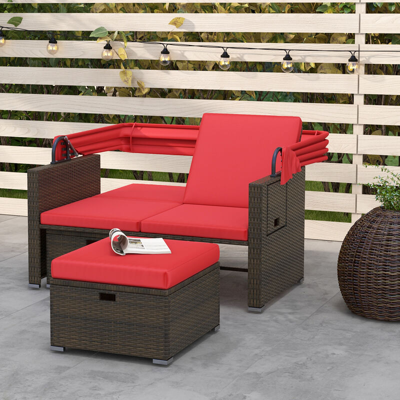 Outdoor Patio Rattan Daybed with Retractable Canopy and Adjustable Backrests