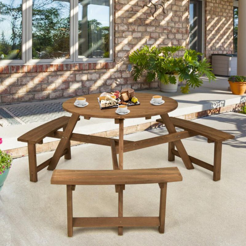 Hivvago 6-person Round Wooden Picnic Table with Umbrella Hole and 3 Built-in Benches