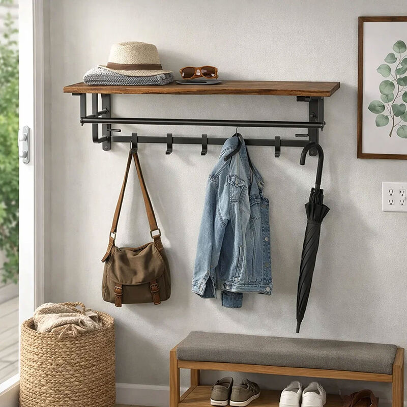 26 Inch Industrial Metal Frame Wall Mount Coat Rack, 5 Hooks, 1 Shelf, Rustic Brown, Black image number 3