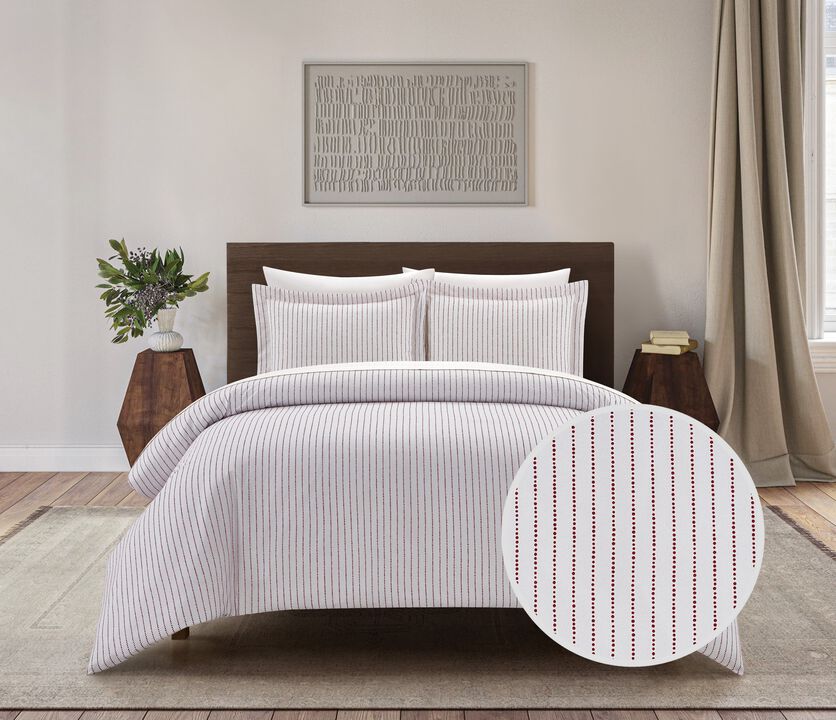 Chic Home Wesley Duvet Cover Set Contemporary Solid White With Dot Striped Pattern Print Design Bedding - Pillow Shams Included - 3 Piece - Queen 90x90", Wine Red