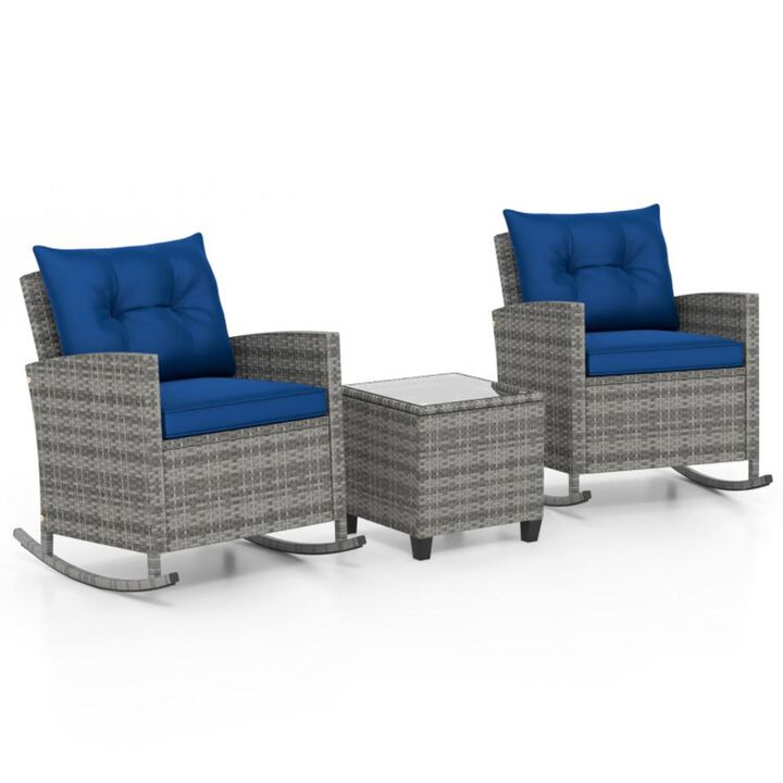 Hivvago 3-Piece Patio Rattan Roker Chairs with Tempered Glass Table and Soft Cushions