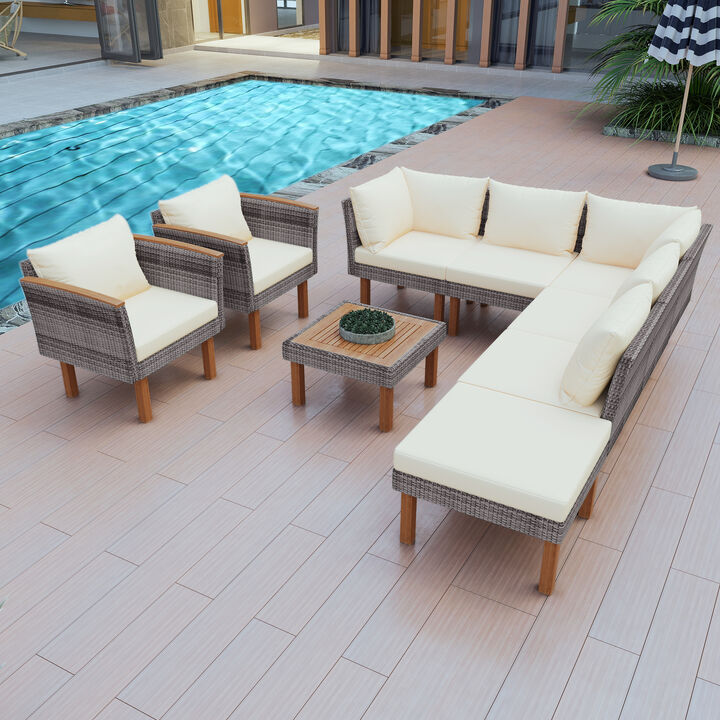 Whisen Patio Rattan Furniture Set, Outdoor Conversation Set with Coffee Table, Washable Cushion