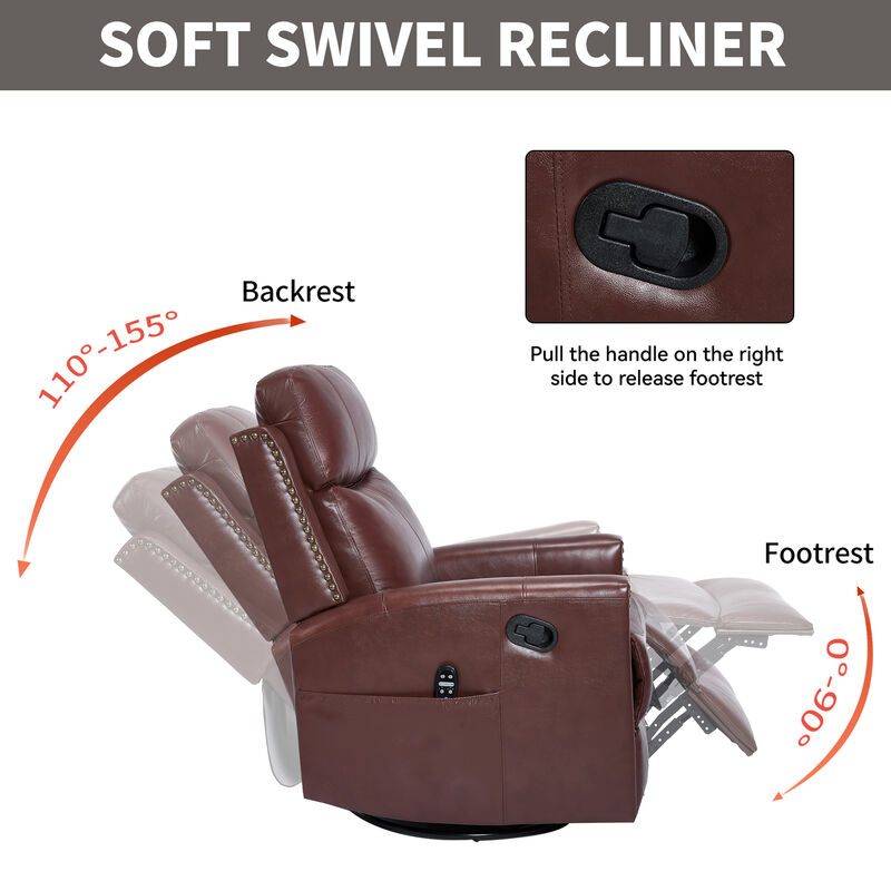 Gnuine Leather Heat Massage Manual Recliner Chair with Rocker and Swivel image number 6